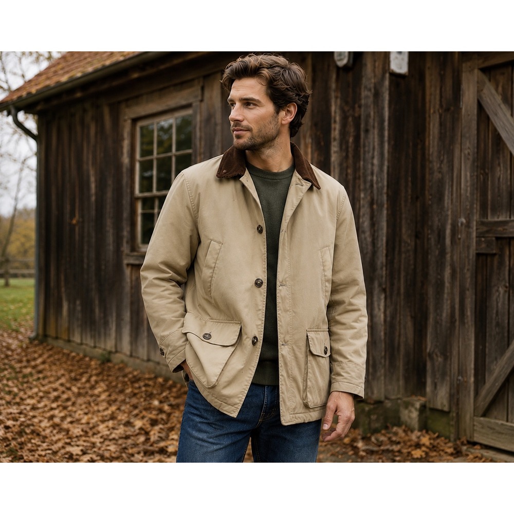 NY Classics Mens Tan Cotton Canvas Barn Jacket Corduroy Collar Plaid Lined Small